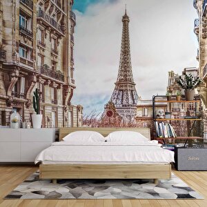 Paris Sokak Ve Eyfel Kulesi Manzaralı Duvar Kağıdı Baskı - Dkm552079 500x280 cm