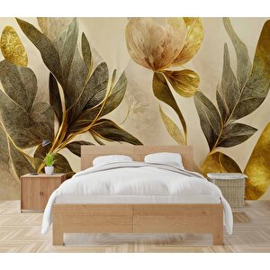 3 Boyutlu Altın Yaprak Çizim Temalı Duvar Kağıdı - Dkm900084 800x280 cm