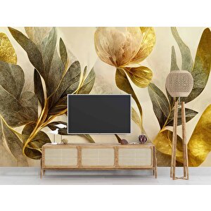 3 Boyutlu Altın Yaprak Çizim Temalı Duvar Kağıdı - Dkm900084 800x280 cm