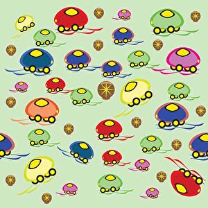 Mantar Arabalar Çocuk Odası Duvar Kağıdı Baskı - Dkm408015