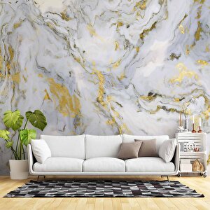Beyaz-altın Mermer Desenli Duvar Kağıdı Baskı - Dkm093007 275x200 cm