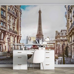 Paris Sokak Ve Eyfel Kulesi Manzaralı Duvar Kağıdı Baskı - Dkm552105