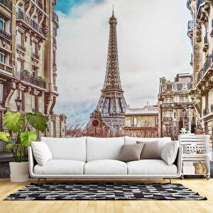 Paris Sokak Ve Eyfel Kulesi Manzaralı Duvar Kağıdı Baskı - Dkm552003 150x200 cm