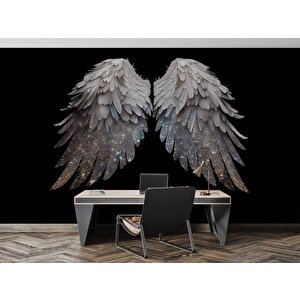3 Boyutlu Gümüş Simli Kanat Desenli Duvar Kağıdı - Dkm771109
