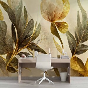 3 Boyutlu Altın Yaprak Çizim Temalı Duvar Kağıdı - Dkm900091