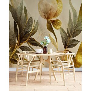 3 Boyutlu Altın Yaprak Çizim Temalı Duvar Kağıdı - Dkm900091