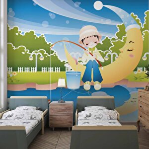 Balıkçı Çocuk Ve Ay Çocuk Odası Duvar Kağıdı Baskı - Dkm368012 400x200 cm