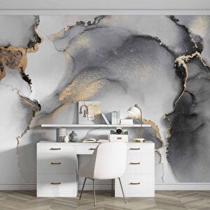 Siyah Gri Altın Simli Mermer Desenli Duvar Kağıdı - Dkm832066