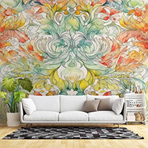 Renkli Çizim Sanatsal Yapraklı Desenli Duvar Kağıdı - Dkm799087 150x300 cm