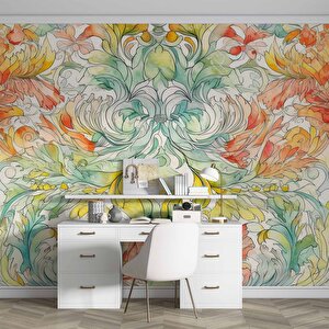 Renkli Çizim Sanatsal Yapraklı Desenli Duvar Kağıdı - Dkm799096