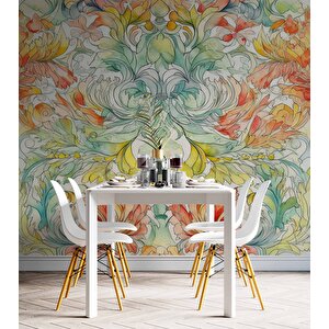 Renkli Çizim Sanatsal Yapraklı Desenli Duvar Kağıdı - Dkm799096