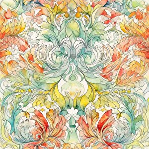 Renkli Çizim Sanatsal Yapraklı Desenli Duvar Kağıdı - Dkm799096