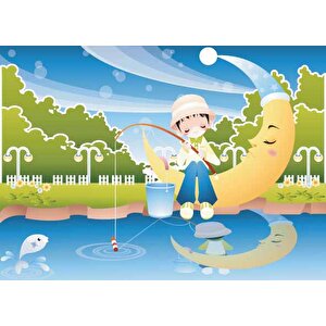 Balıkçı Çocuk Ve Ay Çocuk Odası Duvar Kağıdı Baskı - Dkm368094