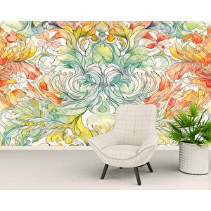 Renkli Çizim Sanatsal Yapraklı Desenli Duvar Kağıdı - Dkm799050