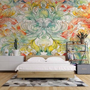 Renkli Çizim Sanatsal Yapraklı Desenli Duvar Kağıdı - Dkm799076 425x280 cm