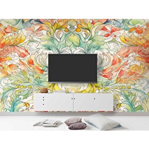 Renkli Çizim Sanatsal Yapraklı Desenli Duvar Kağıdı - Dkm799076 425x280 cm