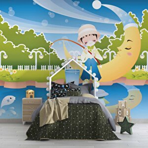 Balıkçı Çocuk Ve Ay Çocuk Odası Duvar Kağıdı Baskı - Dkm368023