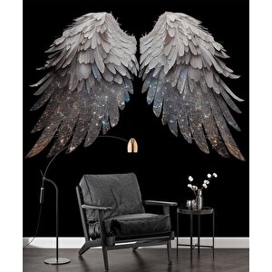 3 Boyutlu Gümüş Simli Kanat Desenli Duvar Kağıdı - Dkm771014