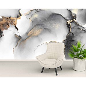 Siyah Gri Altın Simli Mermer Desenli Duvar Kağıdı - Dkm832039