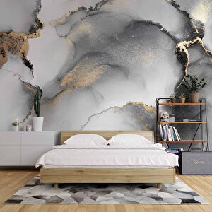 Siyah Gri Altın Simli Mermer Desenli Duvar Kağıdı - Dkm832031 350x240 cm