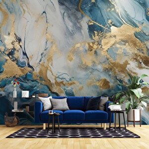 Mavi Ve Altın Mermer Desenli Duvar Kağıdı - Dkm492014 450x200 cm