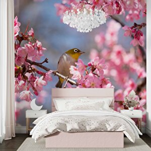 Pembe Çiçek Ve Kuş Manzaralı Duvar Kağıdı - Dkm743061