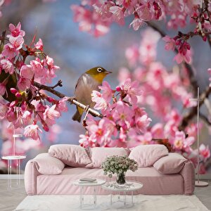Pembe Çiçek Ve Kuş Manzaralı Duvar Kağıdı - Dkm743110