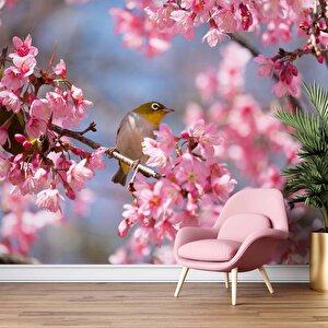 Pembe Çiçek Ve Kuş Manzaralı Duvar Kağıdı - Dkm743110