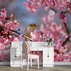 Pembe Çiçek Ve Kuş Manzaralı Duvar Kağıdı - Dkm743021