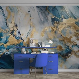 Mavi Ve Altın Mermer Desenli Duvar Kağıdı - Dkm492118