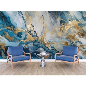 Mavi Ve Altın Mermer Desenli Duvar Kağıdı - Dkm492118