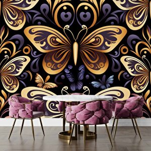 3 Boyutlu Altın Kelebek Desenli Duvar Kağıdı - Dkm772020