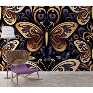 3 Boyutlu Altın Kelebek Desenli Duvar Kağıdı - Dkm772076