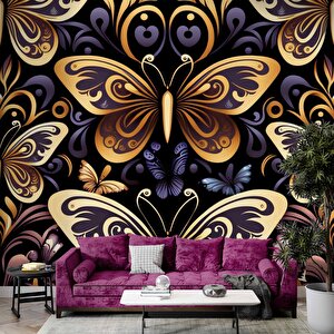 3 Boyutlu Altın Kelebek Desenli Duvar Kağıdı - Dkm772053 375x260 cm