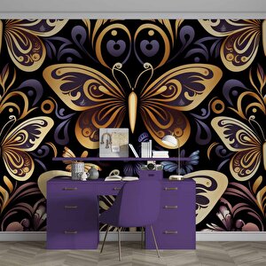 3 Boyutlu Altın Kelebek Desenli Duvar Kağıdı - Dkm772036