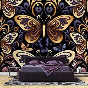 3 Boyutlu Altın Kelebek Desenli Duvar Kağıdı - Dkm772095 375x300 cm