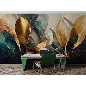 Yeşil Altın Yaprak Çizim Desenli Duvar Kağıdı - Dkm881034