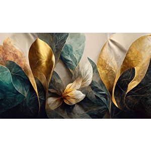 Yeşil Altın Yaprak Çizim Desenli Duvar Kağıdı - Dkm881034