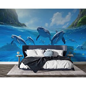 Deniz Ve Yunus Balığı Sürüsü Manzaralı Duvar Kağıdı - Dkm836011 375x200 cm