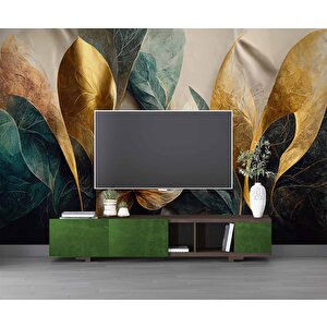 Yeşil Altın Yaprak Çizim Desenli Duvar Kağıdı - Dkm881086 100x300 cm