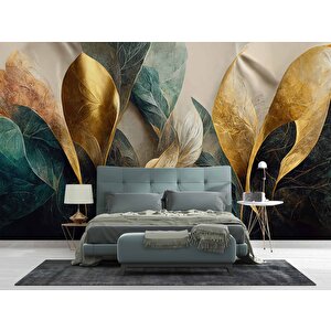 Yeşil Altın Yaprak Çizim Desenli Duvar Kağıdı - Dkm881073 350x280 cm