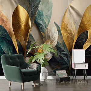 Yeşil Altın Yaprak Çizim Desenli Duvar Kağıdı - Dkm881073