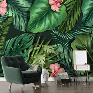 Botanik Yaprak Ve Çiçek Desenli Duvar Kağıdı - Dkb487049