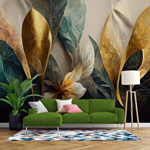 Yeşil Altın Yaprak Çizim Desenli Duvar Kağıdı - Dkm881009 325x200 cm