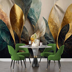Yeşil Altın Yaprak Çizim Desenli Duvar Kağıdı - Dkm881009