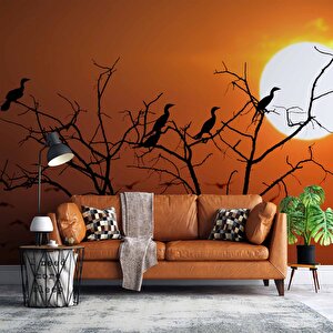 Günbatımı Ağaç Ve Kuş Manzaralı Duvar Kağıdı - Dkm720115 350x315 cm