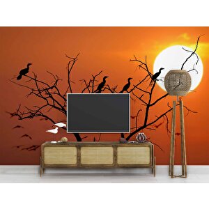 Günbatımı Ağaç Ve Kuş Manzaralı Duvar Kağıdı - Dkm720061 600x260 cm