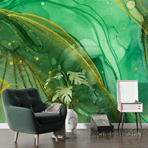 Zümrüt Yeşili Ve Altın Mermer Desenli Duvar Kağıdı - Dkm697084