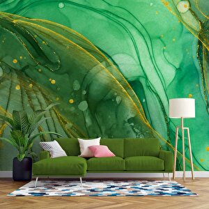Zümrüt Yeşili Ve Altın Mermer Desenli Duvar Kağıdı - Dkm697101 525x300 cm