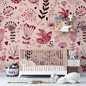 Kuş Ve Çiçek Desenli Çocuk Odası Duvar Kağıdı Baskı - Dkm365039 550x240 cm